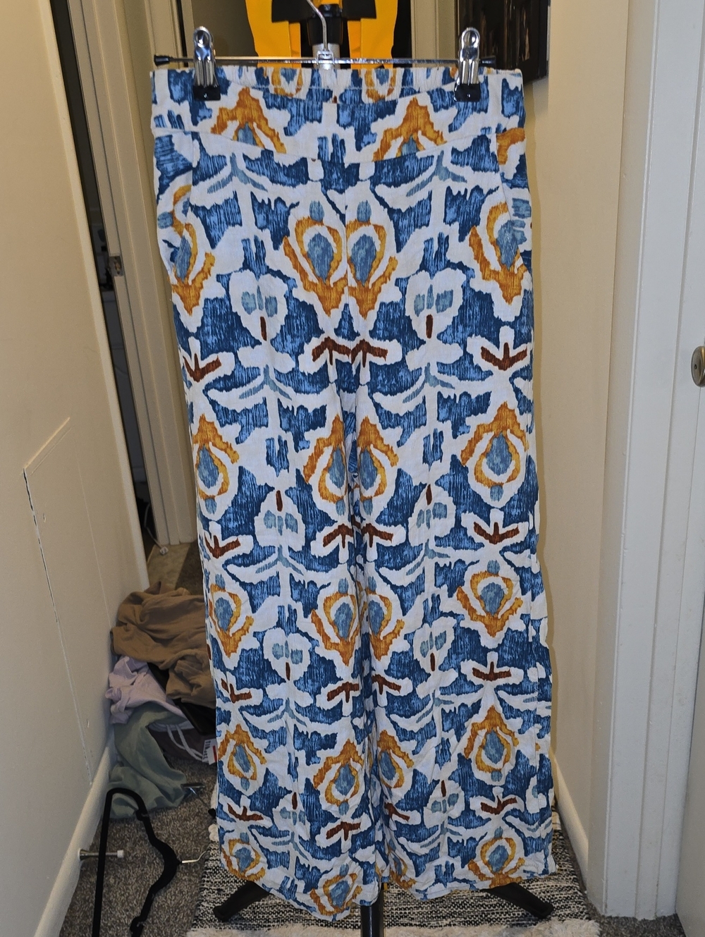 Christian Siriano Blue and Mustard Wide-Leg Printed Palazzo Pants
